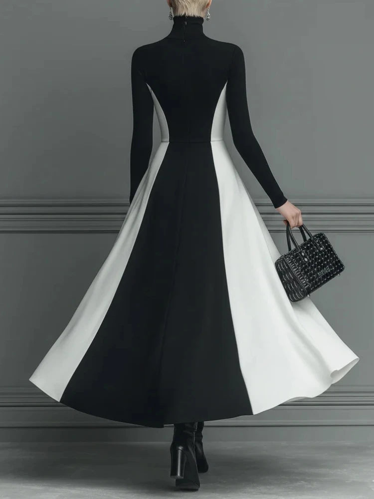 Elegant Black White Patchwork Maxi Dresses Women Fashion Turtleneck Long Sleeves Slim Dress New Female Evening Party Robes