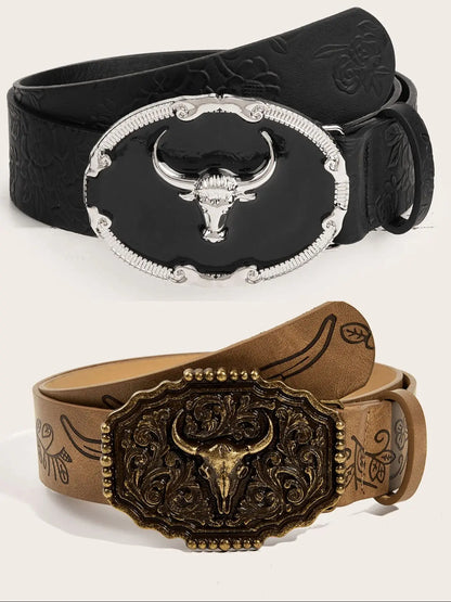 Two pieces of western style Niu Touma buckle embossed belt
