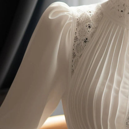 Spring Ladies Patchwork Lace Hollow Out Long Sleeve Shirt Tops New Korean Fashion Women's Solid Color Stand Collar Blouses