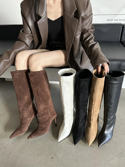 Fashion Retro Minimally Pointed Suede slim High Heels Knight Boots slip-on Knee-high Women's Shoes Pumps Botas De Mujer