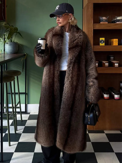 Brown Stripes Gradient Premium Faux Fur Maxi Long Coat Luxury Vintage Fluffy Lapel Collar Midi Coat Pinterest Style Slay Outfits