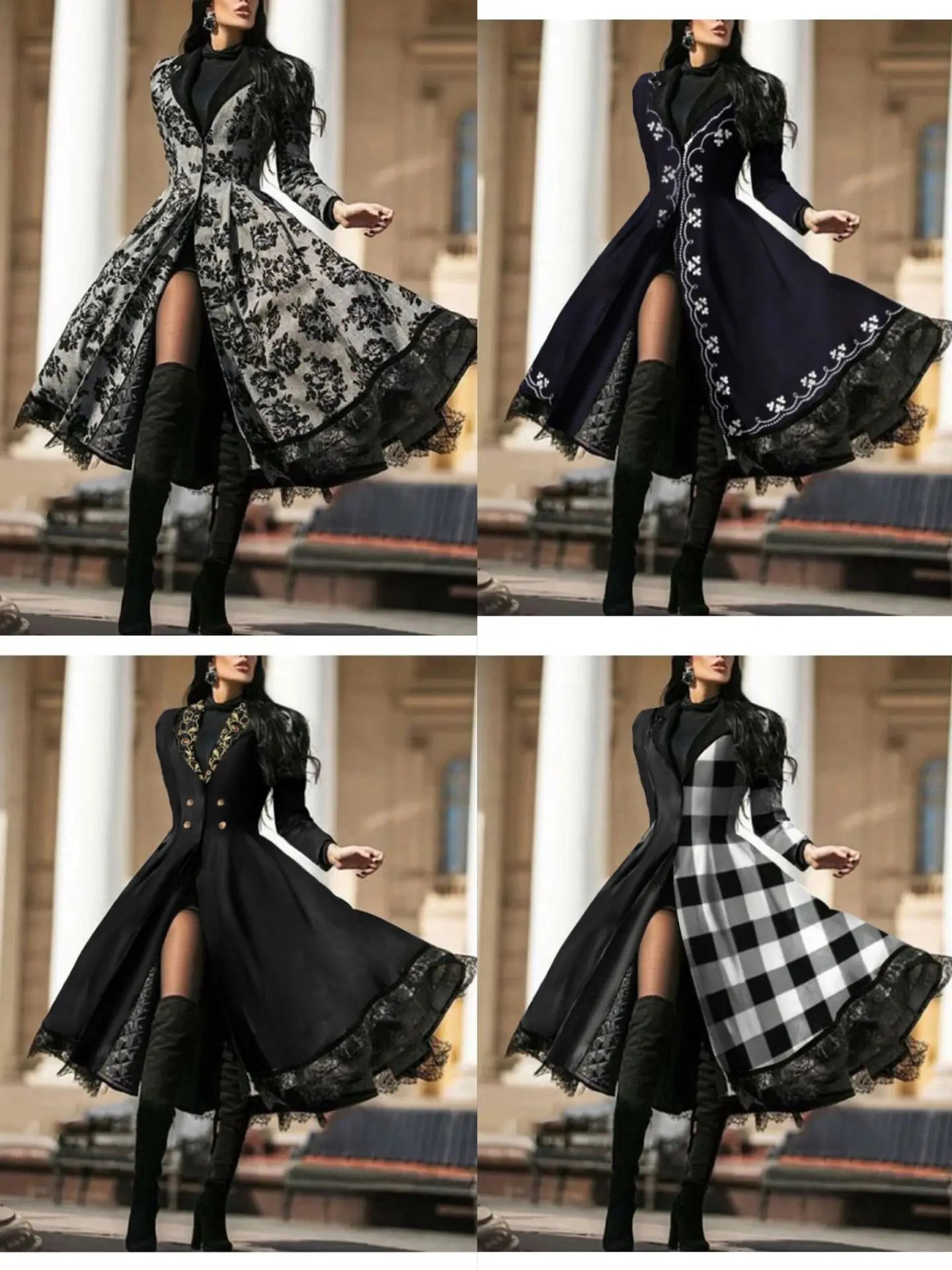 k Sle Lace Splicing Long Coat Women's Vintage Streetwear Windbreaker Polyester Fabric  Color Faion Autumn Outerwear
