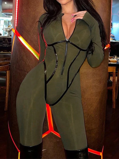 OMSJ Sporty Body Shaping Full Sleeve One Piece Out Going Fashion Jumpsuits Panelled Round Collar Zip Slim Women's Casual Rompers