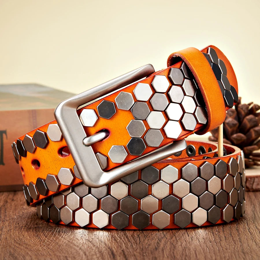 3.8cm Width Men Rivet Studded Belt Punk With Pin Buckle Belts Hip Hop Male High Quality Genuine Leather Belt Rock Strap