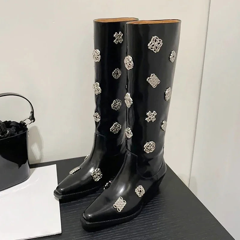 Square Toe Metal Decoration Block Heel Knee-High Boots Woman Winter 2025 New In Black Slip-On Boots Fashion Shoes for Women