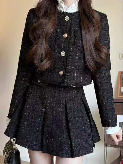 Spring and Autumn High end Slim Fit Short Tweed Coat High Wasit A-line Mini Skirts Set Sweet Black Two Piece Sets Women Outfits