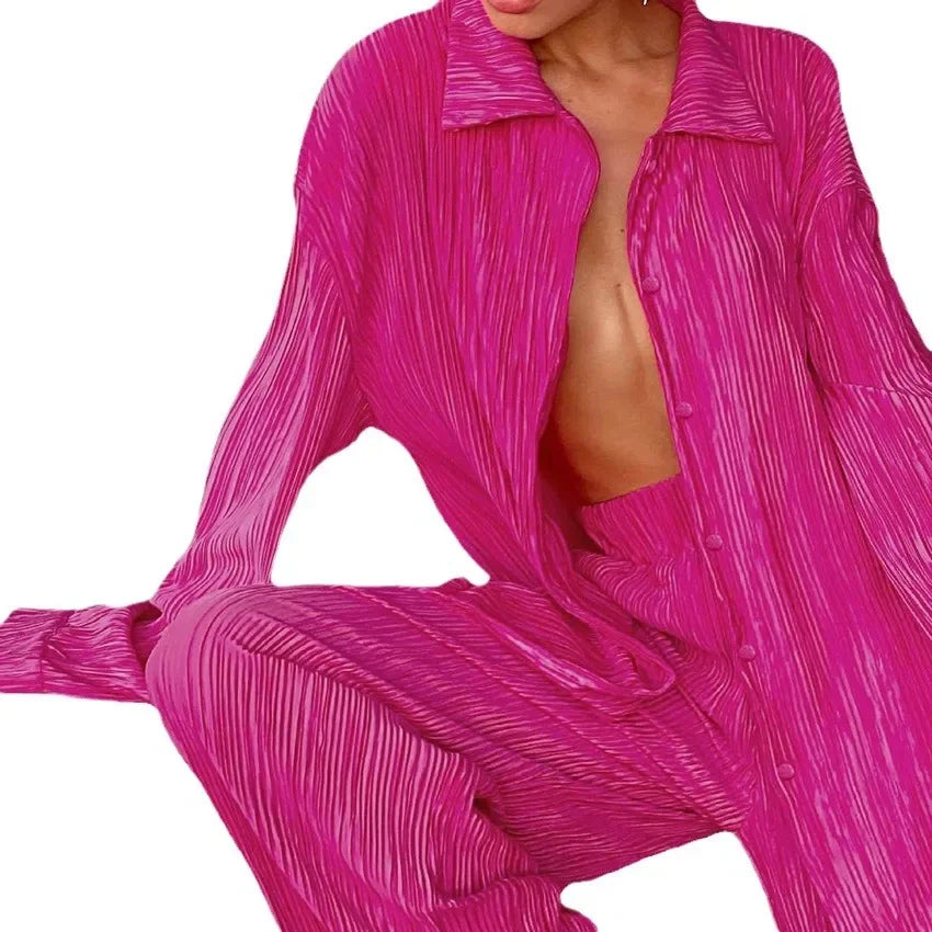 2023 Spring Summer Best Seller Solid Color Draped Loose Fit Smooth Pleated Women's Casual 2-Piece Set Stock Available