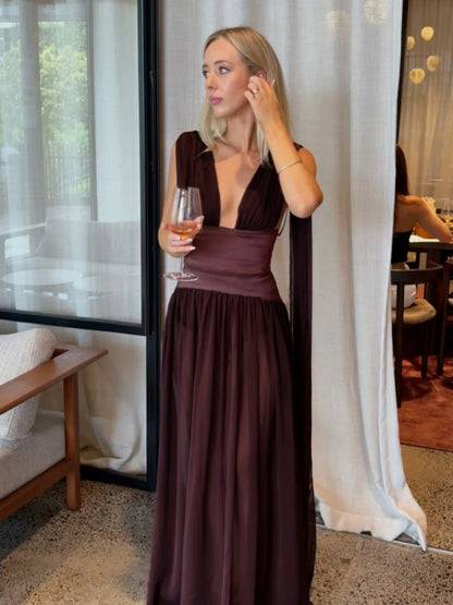 Sexy Deep V Neck Ruched Patchwork Long Dress Women Sleeveless Backless Draped A-line Dresses Celebrity Evening Party...