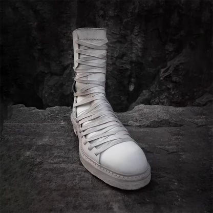 White Retro Classic Cross Strap Thick Soled High Top Boots for Men Handmade Old Motorcycle Boots Back Zipper Mid Calf Boot