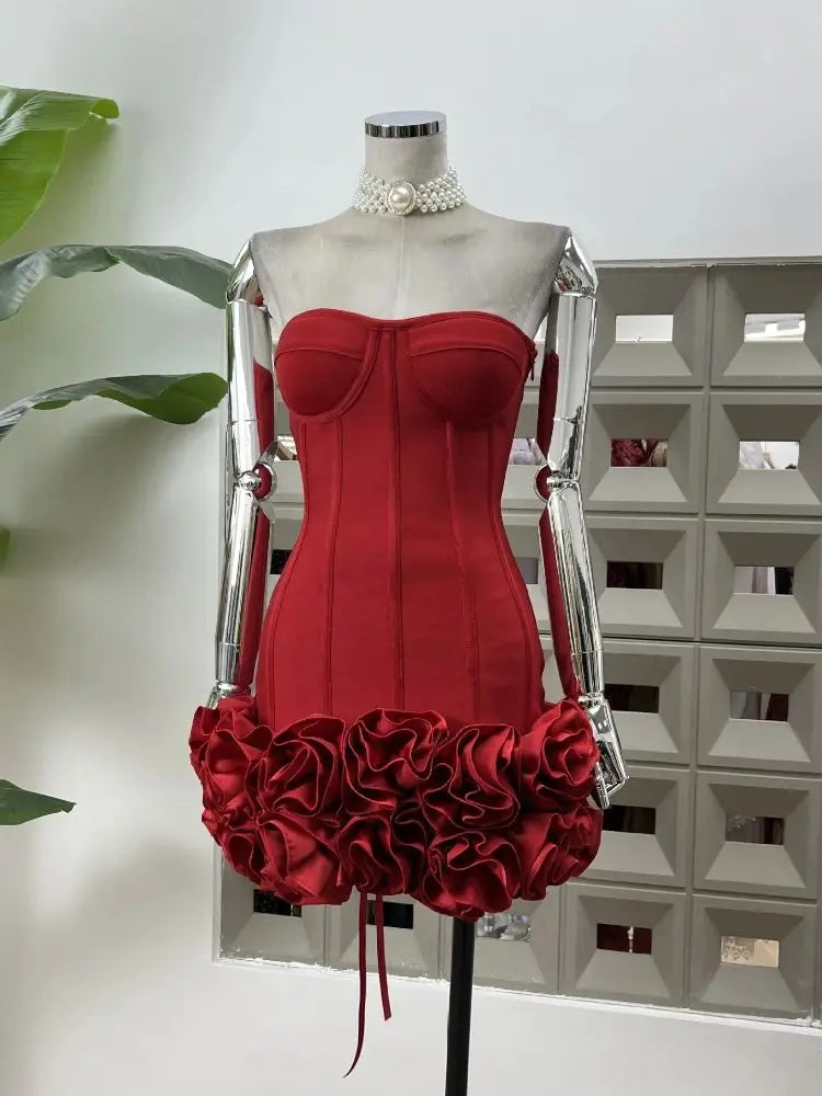 Sexy Strapless Bodycon Dresses for Women 3D Floral Fashion Party Evening Club Bandage Dress Formal Elegant Slim Birthday Gowns