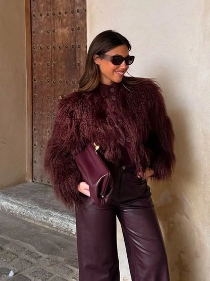 HH Women's New Faux Fur Effect Knitted Crew Neck Jacket Female Winter Elegant Temperament Single-Breasted Long Sleeve Coat