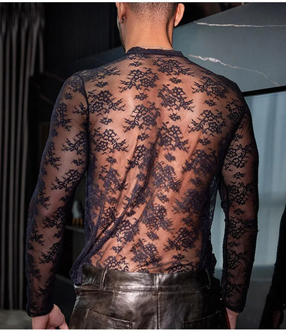 Lace Mesh Sheer See Through T-shirts for Men High Elastic Tight Thin Breathable Comfortable Tops Long Sleeves Fashion Blouse - Kimlud