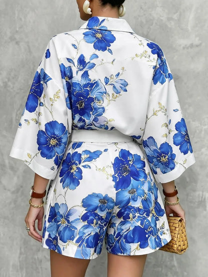 Yeezzi Women's Vintage Blue Floral Printed Lapel Blouses 2026 Half Sleeve Loose Buttoned Elegant Summer Vacation Matching Shirts