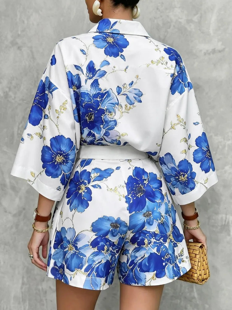 Yeezzi Women's Vintage Blue Floral Printed Lapel Blouses 2026 Half Sleeve Loose Buttoned Elegant Summer Vacation Matching Shirts
