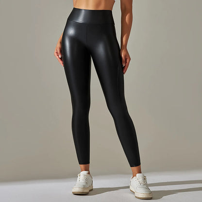 Women's New Elastic Bright PU Patchwork Leather Pants Colorful High Waist Tight Fit Hip Up Outwear Sexy Stretch Yoga Leggings