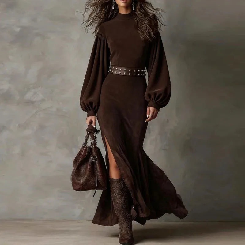 Autumn Long Sleeve Slim Bodycon Dress Woman Vintage Solid Zipper Mermaid Long Evening Dress Elegant O Neck Side Split Maxi Dress