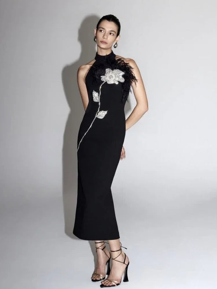 Sexy Sleeveless O Neck Luxury Floral Diamonds Feather Patchwork Bandage Dress Women Black Backless Bodycon Evening Party Dresses - Kimlud