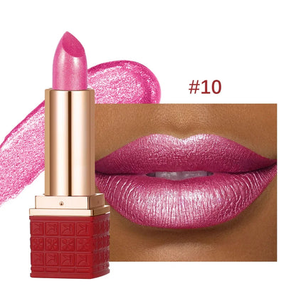 Rose Metallic Lipstick Glitter Lip Glaze Waterproof Long Lasting Moisturize Bright Red Pearlescent Shiny Lipgloss Makeup 6color