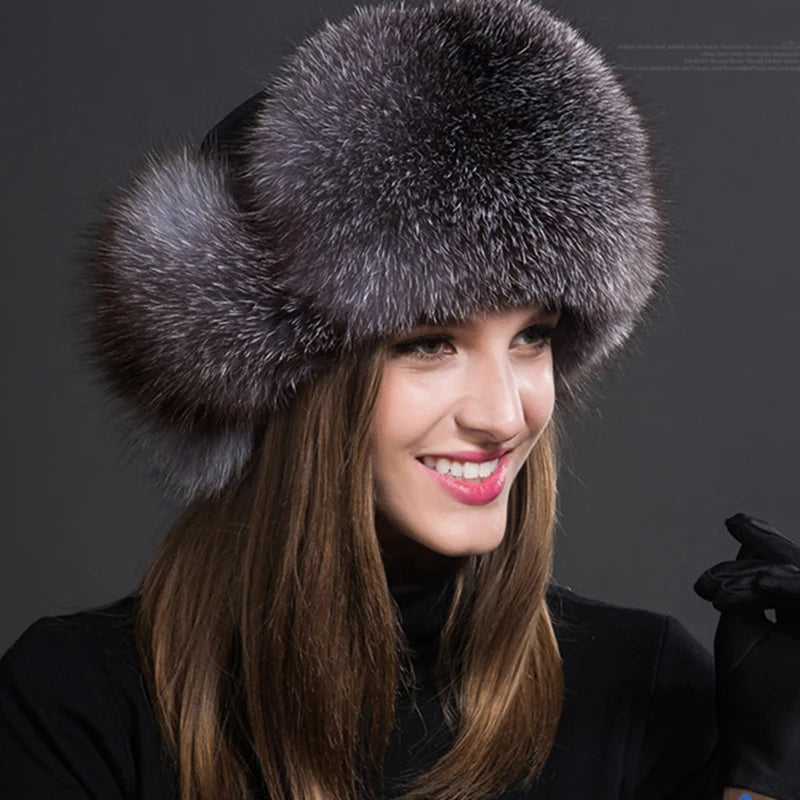 Women Natural Raccoon Fur Caps Ushanka Hats for Winter Thick Warm Ears Fashion Bomber Pom Pom Hat Lady Real Fox Fur Cap Pompon