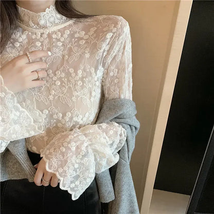 Blouse Women Lace Shirt Mesh Women's Lace-Collared Blouse Autumn and Winter Small Shirt Blusas Ropa De Mujer