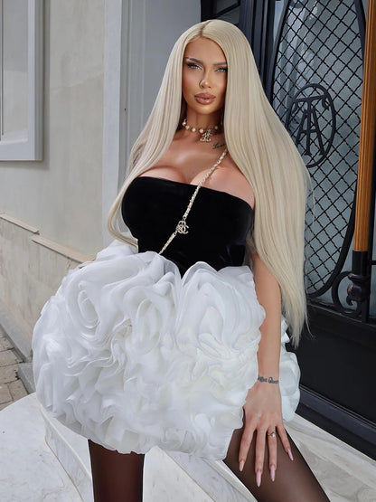 VC Black and White Ruffled Short Dress Tube Velvet Top Sleeveless Open Back 3D Structured Flowers Cocktail Party Mini Ball Gown
