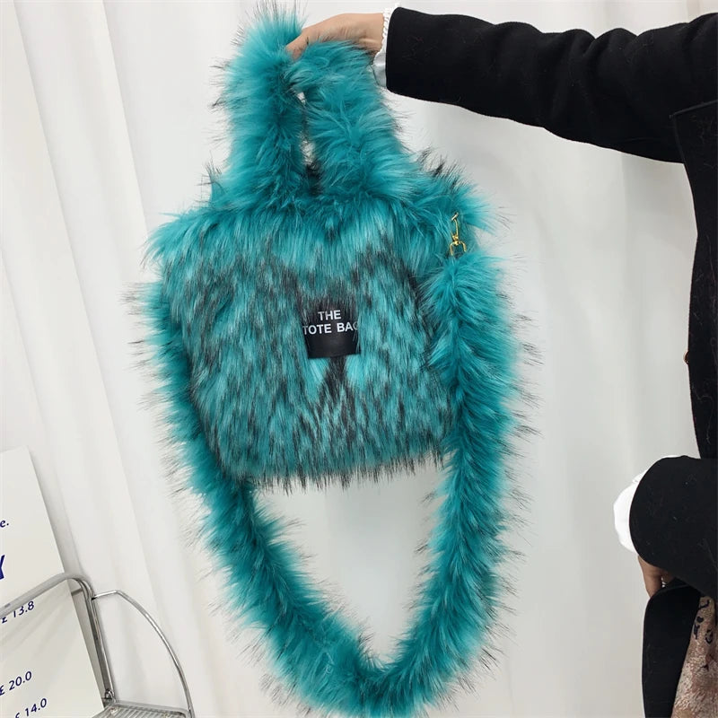 Luxury Designer The Tote Bags for Women Furry Leather Branded Fur Shoulder Bags Female Large Crossbody Handbags