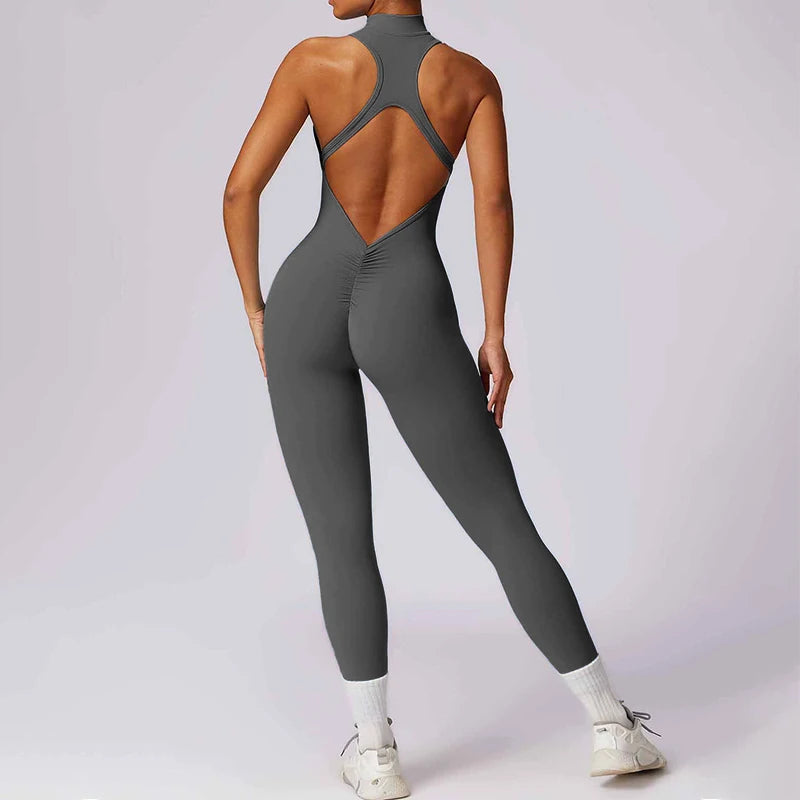 Backless Scrunch Sporty Jumpsuit Gym Tracksuit Women's Fitness Overalls Sexy Hollow One-Piece Sport Suit Zipper Workout Jumpsuit - Kimlud