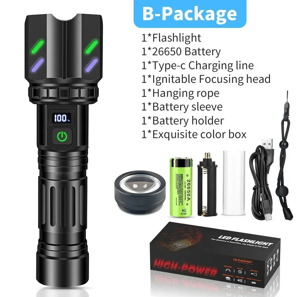 Bright  LED White Laser Flashlight By 26650 Battery Zoom Tactical Torch with Ignition Lens for Outdoor Camping Emergency Lantern