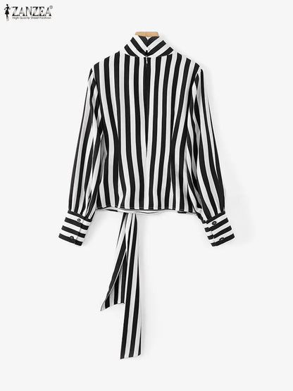 ZANZEA Women Stylish Tie Waist Striped Blouses 2025 Autumn Fashion Long Sleeve Cutout Turtleneck Tops Woman Clothing Streetwear