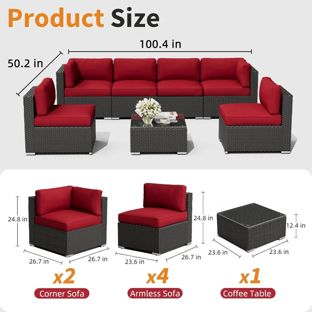 7-Piece Outdoor Patio Furniture Sofa Set Black Rattan Wicker Sectional Conversation Sets with Glass Top Table and Cushions(Red)