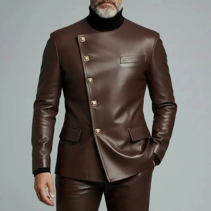 Luxury PU Men's Suits Fashion Single Breasted Round Neck Slim Fit Leather Jacket High Quality Business Male Clothing |...