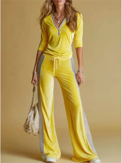 Spring Autumn Women's Fashion Velvet Pants 2-Piece Set Spliced V Neck Long Sleeve Elastic Waist Tie Casual Sports Pants Suit - Kimlud