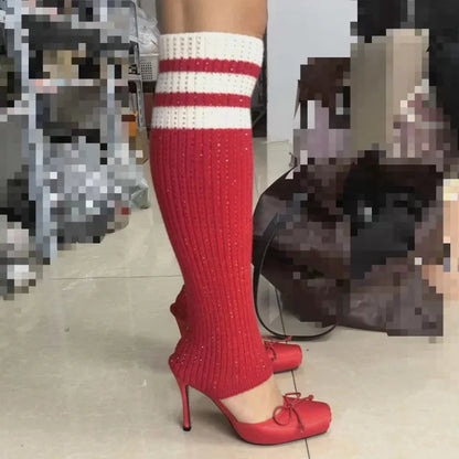 European AndAmerican Trendy High-heeled Square Toe Ballet Shoes for Women,sexy Rhinestone Bow Bag and Long Tube Socks,cool Boots - Kimlud