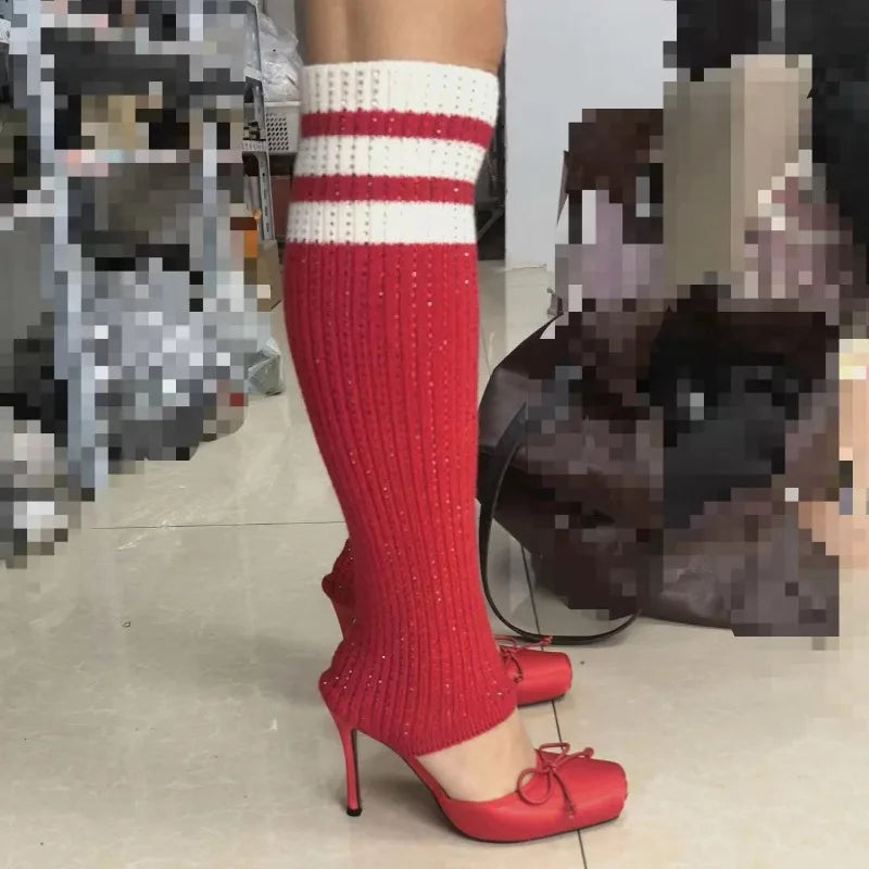 European AndAmerican Trendy High-heeled Square Toe Ballet Shoes for Women,sexy Rhinestone Bow Bag and Long Tube Socks,cool Boots - Kimlud