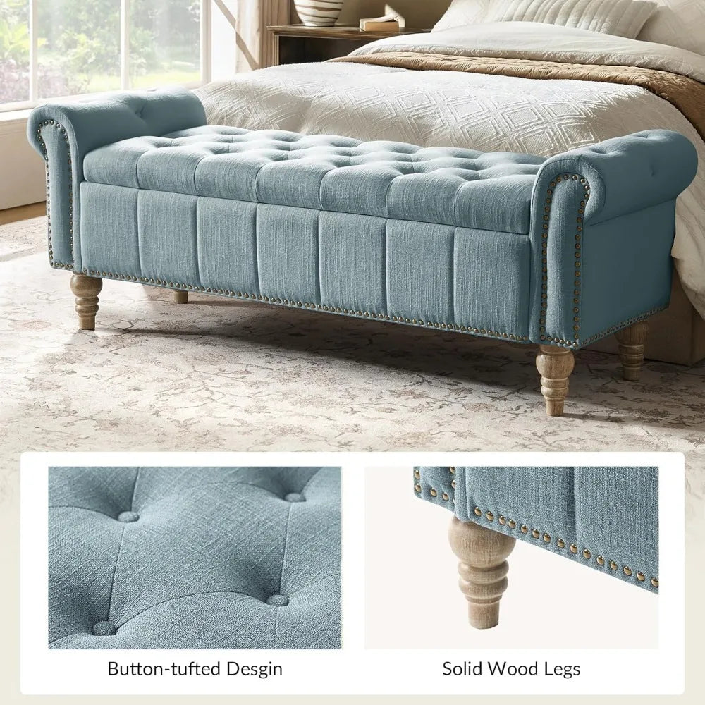 Farmhouse Upholstered Storage Bench, End of Bed Bench with Vintage Button Tufted Design(Blue)