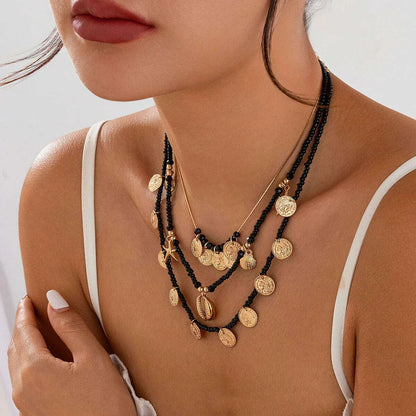 Ingemark 3Pcs/Set Boho Black Seed Beads Chain Necklace for Women Goth Starfish Conch Coin Pendant Choker Y2K Neck Jewelry Gift