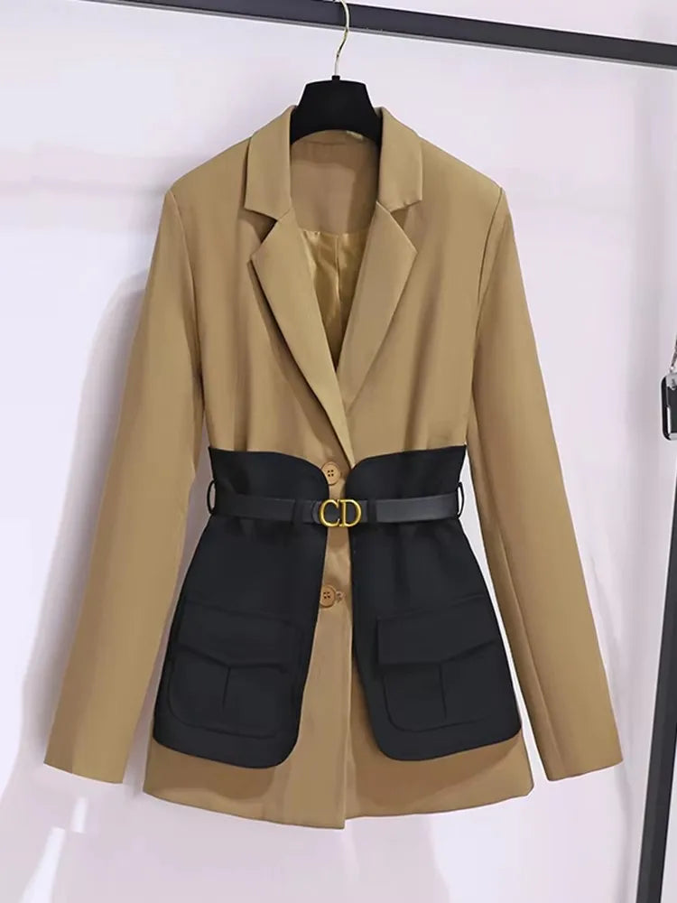 New 2025 Spring Blazer For Women Patchwork Color Korean Fashion Coat And Jacket Women With Belt Outwears Minimalist Blazer