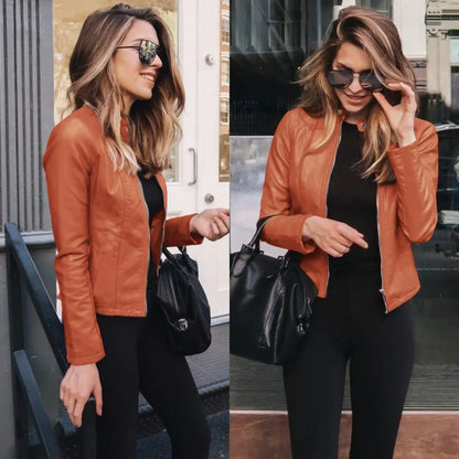 Autumn and Winter Women's Large Size Leather Jacket Fashionable Solid Color Slim Street Elegant Versatile Top PU Suit Jacket