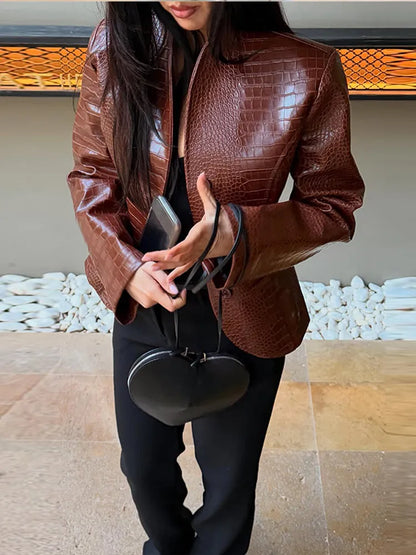 2026 Autumn Women Embossed Faux Leather Jacket Stand Collar Open Front Slim Fitted Waist Vintage Street Party Outerwear...