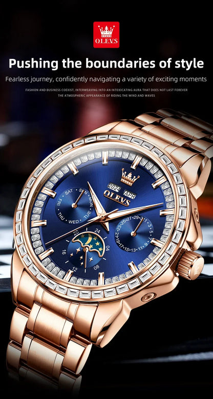 OLEVS 6695 NEW Men's Watches Full Multifunctional Dial Blue Leather Strap Calendar Week Moon Phase Waterproof Wristwatch...