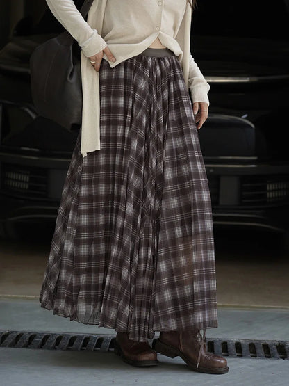 [EAM] High Elastic Waist Blue Coffee Plaid Vintage A-line Half-body Skirt Women Fashion Tide New Spring Autumn 2026 1DJ3750 - Kimlud