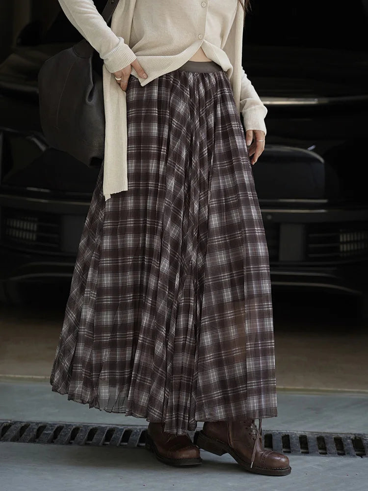[EAM] High Elastic Waist Blue Coffee Plaid Vintage A-line Half-body Skirt Women Fashion Tide New Spring Autumn 2026 1DJ3750 - Kimlud