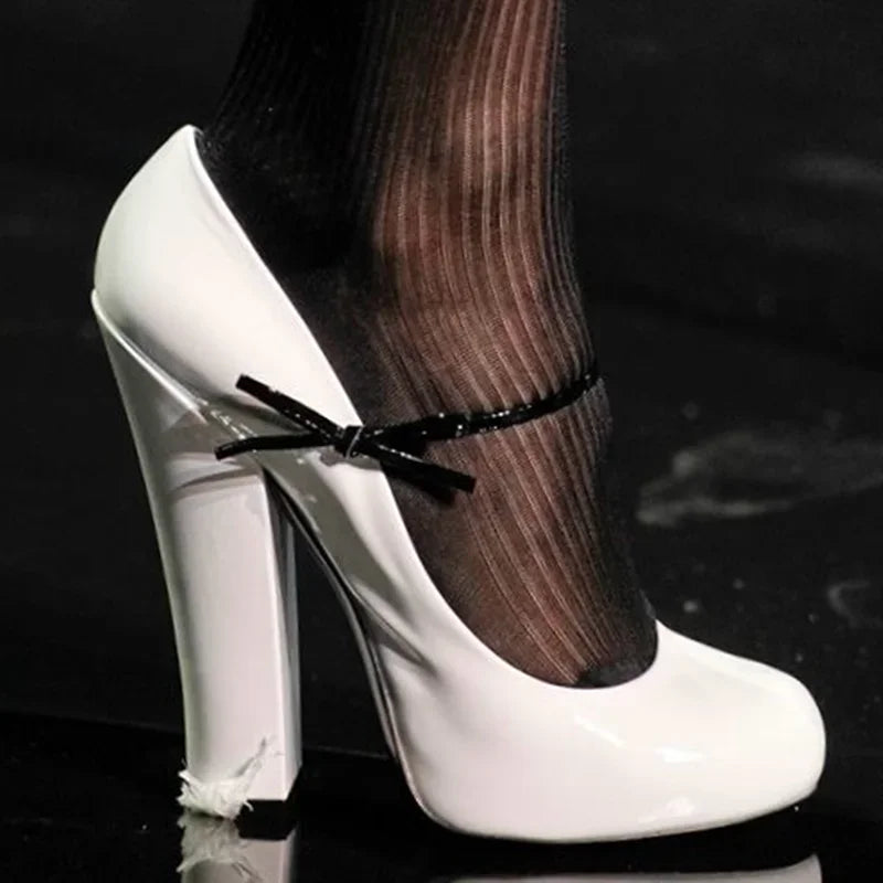 Butterfly Knot Strap Leather High Heels Sexy Pointed Toe Square Heel Accept Customized New Arrvials Fashion Women Modern Shoes