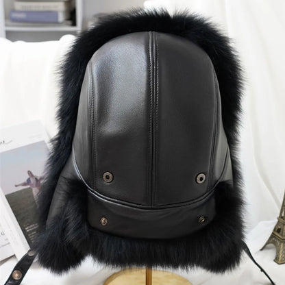 Fashion Winter Men's 100% Real Silver Fox Fur Bomber Hat Raccoon Fur Ushanka Cap Trapper Russian Man Ski Hats Caps Real Leather
