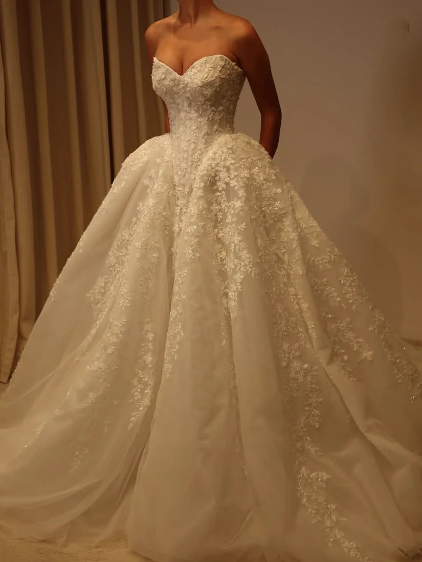 Arabic Applique Wedding Dresses Florals Gorgeous Bridal Gowns Beading Custom Made Bridal Dress Lace Up Back Pleated Draped - Kimlud
