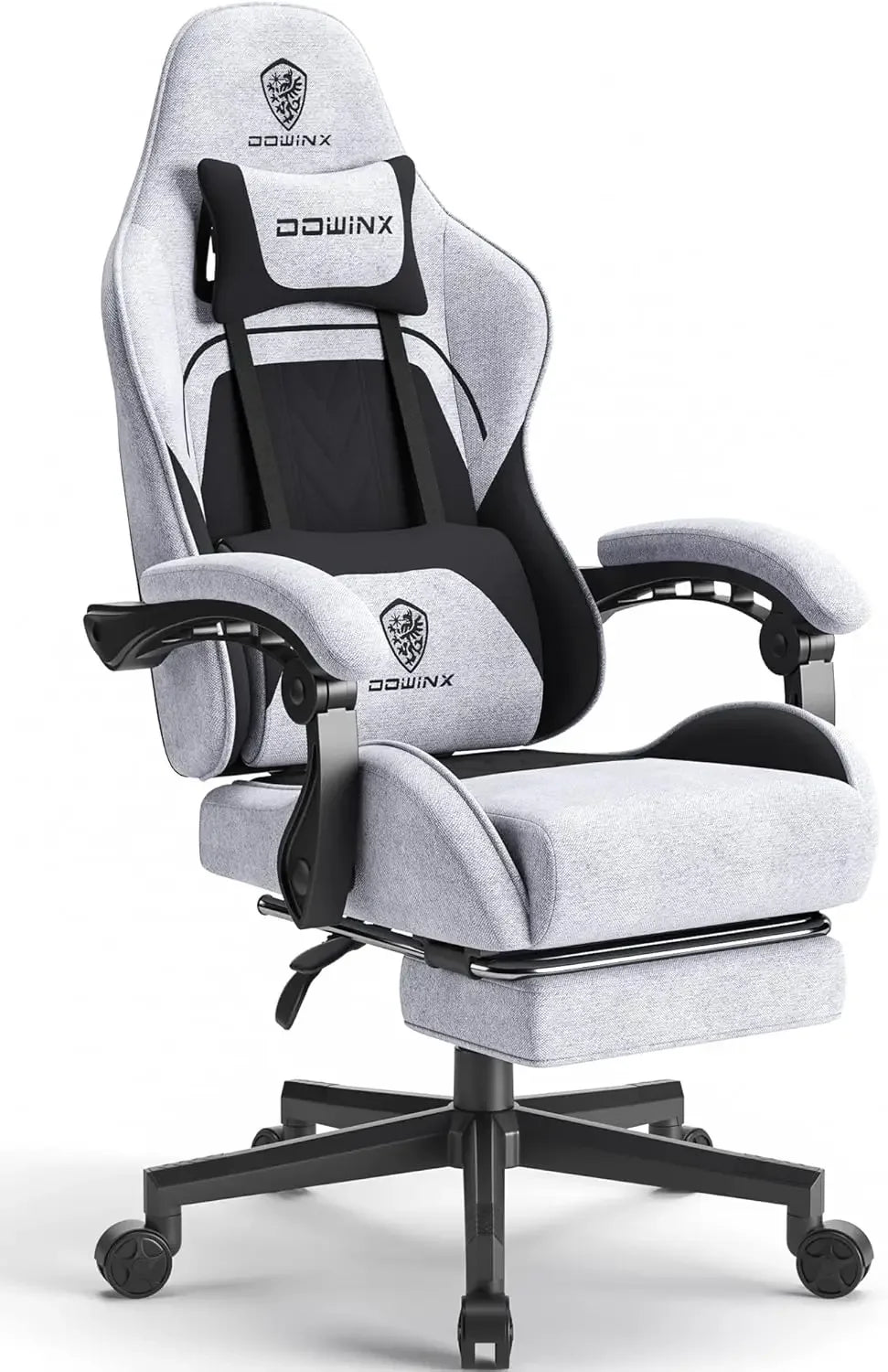 Gaming Chair Fabric with Pocket Spring Cushion, Massage Game Chair Cloth with Headrest, Ergonomic Computer Chair, Light Grey