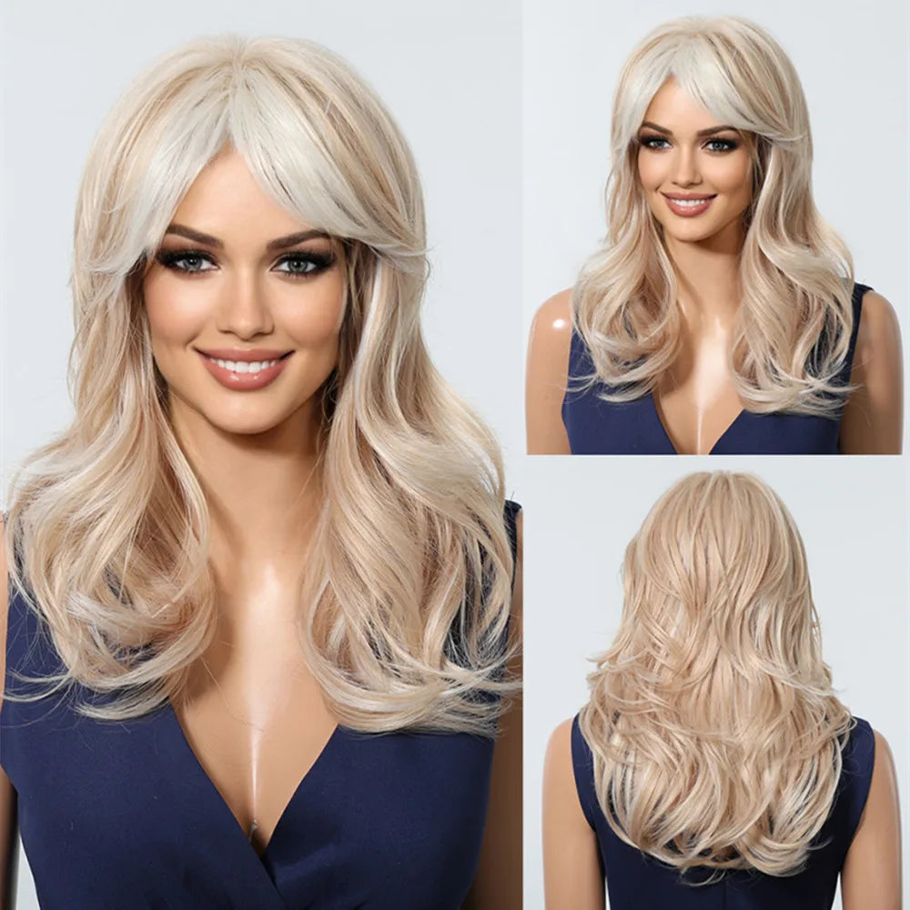 Golden Blonde Mixed Synthetic Wig Dark Root Wavy Hair With Side Bangs for Women Daily Party Cosplay wig Heat Resistant Fiber