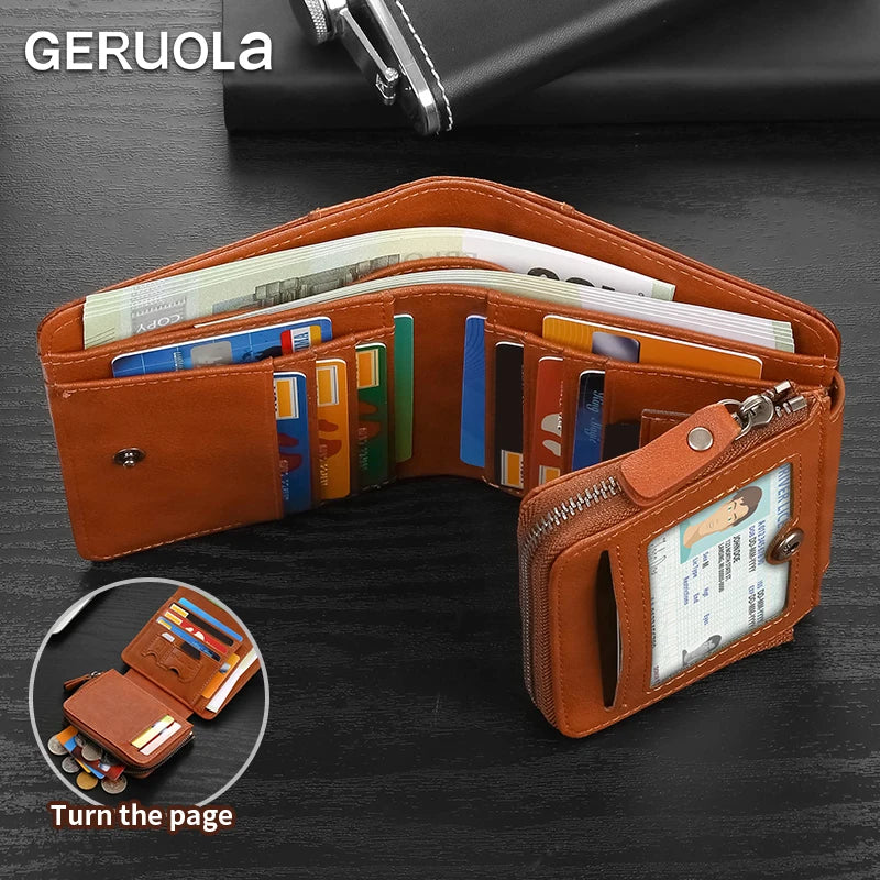 Men’s compact, high-capacity genuine leather wallet; top-grain cowhide wallet with multiple card slots; RFID protection
