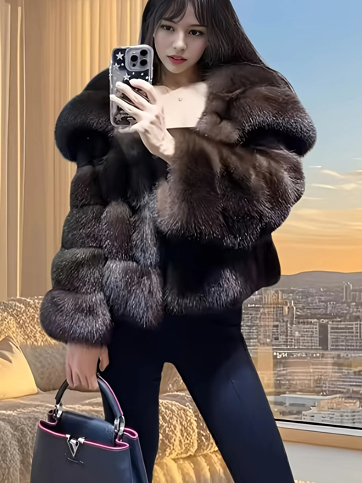 Imitation Fur Russian Sable Pit Strip Large Lapel Long Sleeve Autumn-Winter Fashionable Warm Cropped Women's Street Coat