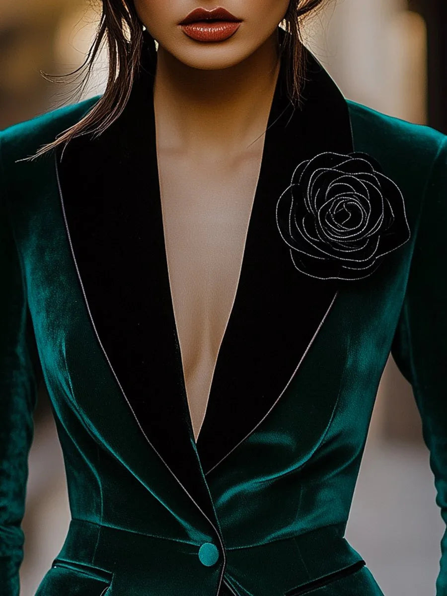 Luxury Green Velvet Blazer for Women Single Breasted 3D Rose Flower Female Blazer Jacket Slim Fit Office Lady Outerwear...